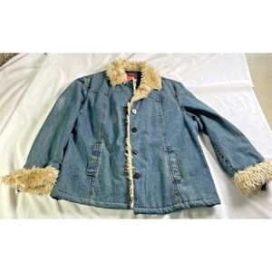 Esprit Jacket Womens Large Jean Fur Lined Button Up Dark Wash Denim Blue